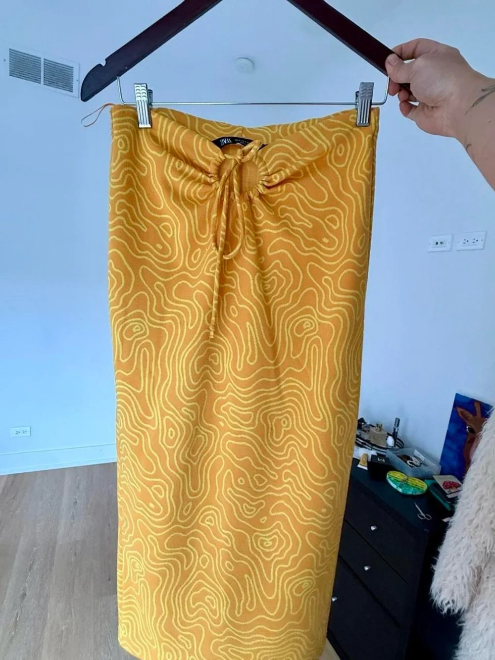 Zara Mustard Yellow Drawcord Midi Skirt